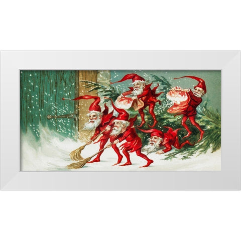 Santa elves sweeping snow  White Modern Wood Framed Art Print by Wallach, Miriam and Ira D