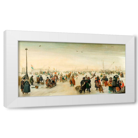 Enjoying the Ice near a Town White Modern Wood Framed Art Print by Avercamp, Hendrick