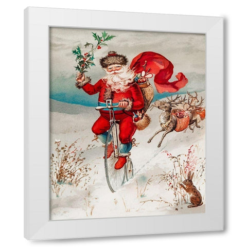 Santa Claus on a penny farthing White Modern Wood Framed Art Print by Wallach, Miriam and Ira D