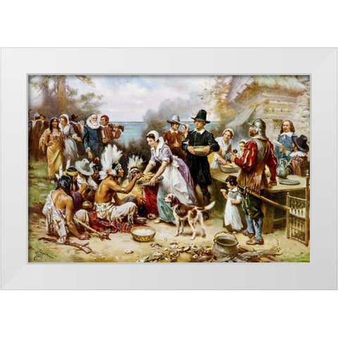 The First Thanksgiving, 1621 White Modern Wood Framed Art Print by Ferris, Jean Leon Gerome