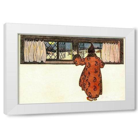 Man Looking out the Window to See Christmas Reindeer Carriage White Modern Wood Framed Art Print by Smith, Jessie Wilcox