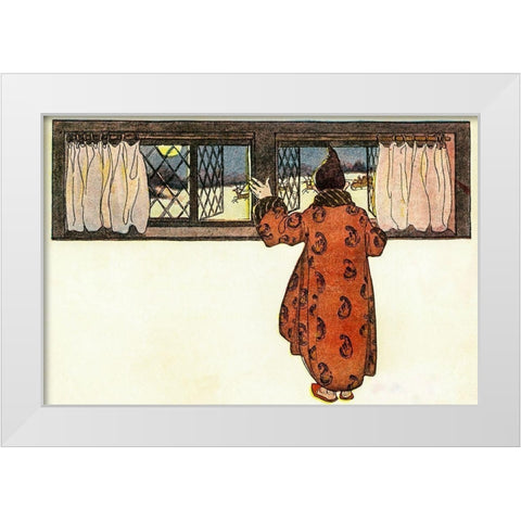 Man Looking out the Window to See Christmas Reindeer Carriage White Modern Wood Framed Art Print by Smith, Jessie Wilcox