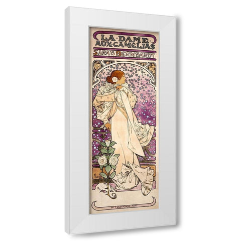 La dame-aux camelias-Sarah Bernhardt White Modern Wood Framed Art Print by Mucha, Alphonse