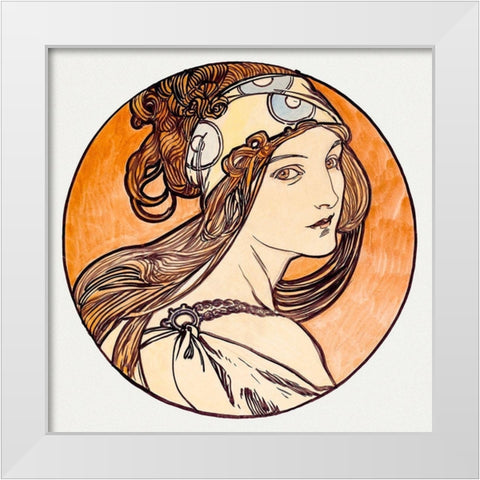 Stained glass window for the facade of the Fouquet boutique White Modern Wood Framed Art Print by Mucha, Alphonse