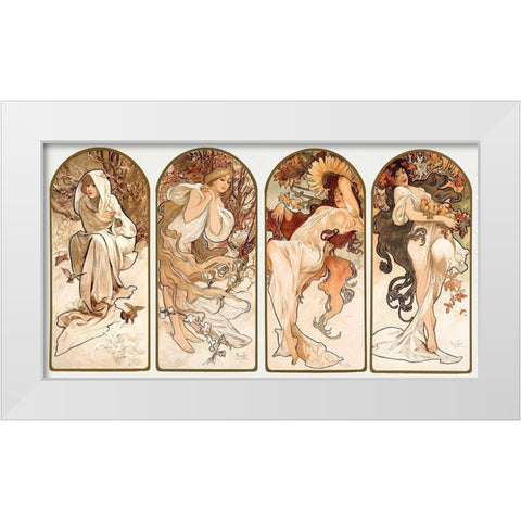 The Seasons White Modern Wood Framed Art Print by Mucha, Alphonse