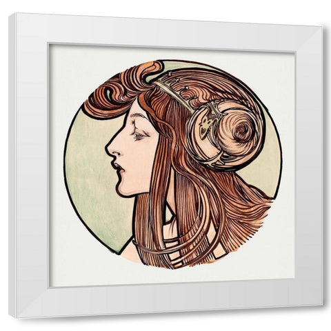 Stained glass window for the facade of the Fouquet boutique White Modern Wood Framed Art Print by Mucha, Alphonse