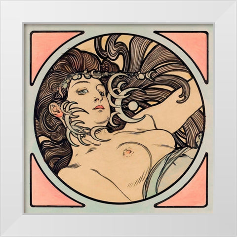 Stained glass window for the facade of the Fouquet boutique White Modern Wood Framed Art Print by Mucha, Alphonse