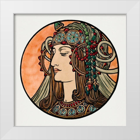 Stained glass window for the facade of the Fouquet boutique White Modern Wood Framed Art Print by Mucha, Alphonse