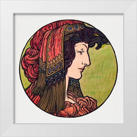 Stained glass window for the facade of the Fouquet boutique White Modern Wood Framed Art Print by Mucha, Alphonse