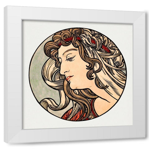 Stained glass window for the facade of the Fouquet boutique White Modern Wood Framed Art Print by Mucha, Alphonse