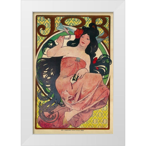 Job 1894 White Modern Wood Framed Art Print by Mucha, Alphonse