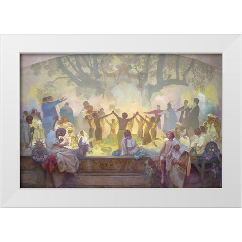 The Oath of Omladina Under the Slavic Linden Tree White Modern Wood Framed Art Print by Mucha, Alphonse