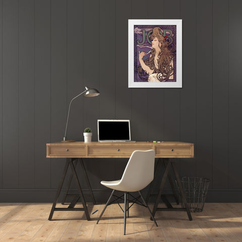 Advertisement for Job cigarettes White Modern Wood Framed Art Print by Mucha, Alphonse