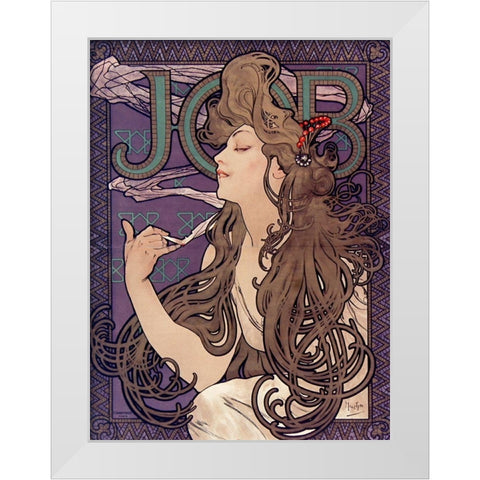Advertisement for Job cigarettes White Modern Wood Framed Art Print by Mucha, Alphonse
