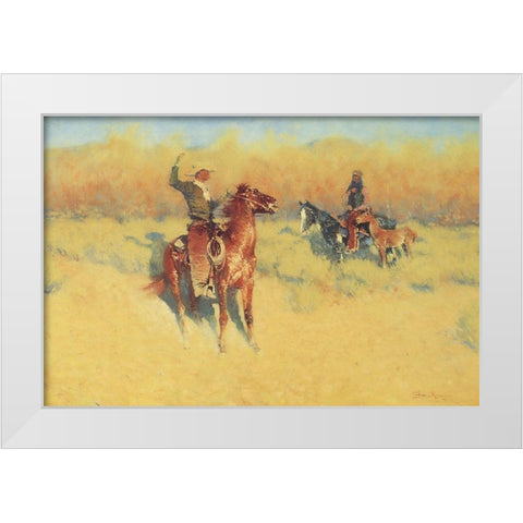 The Long-Horn Cattle Sign-1908 White Modern Wood Framed Art Print by Remington, Frederic