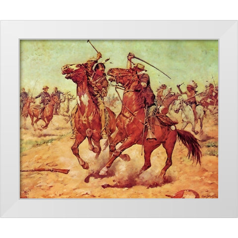 The Duel - Tomahawk and Sabre White Modern Wood Framed Art Print by Shreyvogel, Charles