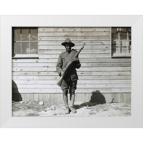 WWI Colored member of the telephone and telegraph battalion at Camp Upton-Long Island White Modern Wood Framed Art Print by U.S. Archives