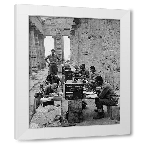 WWII 480th Port Battalion Set Up Between the Columns of the Ancient Greek Temple of Neptune White Modern Wood Framed Art Print by U.S. Archives