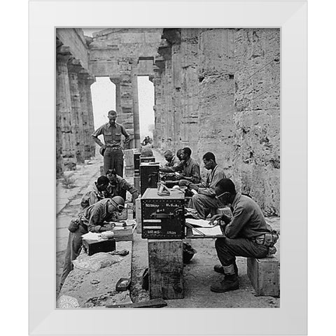 WWII 480th Port Battalion Set Up Between the Columns of the Ancient Greek Temple of Neptune White Modern Wood Framed Art Print by U.S. Archives
