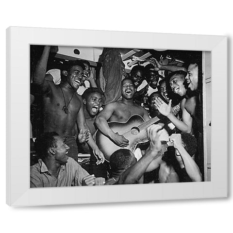 WWII men aboard the U.S.S. Ticonderoga hear the news of Japans surrender White Modern Wood Framed Art Print by U.S. Archives