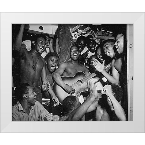WWII men aboard the U.S.S. Ticonderoga hear the news of Japans surrender White Modern Wood Framed Art Print by U.S. Archives