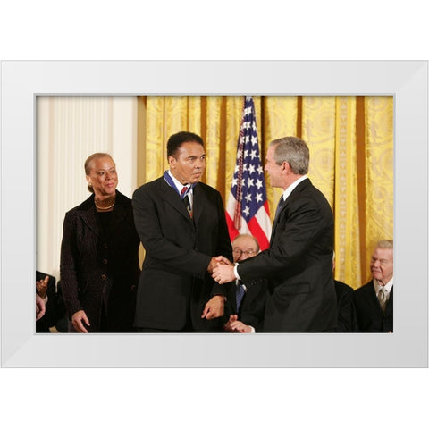 President George W. Bush Shakes Hands with Muhammad Ali White Modern Wood Framed Art Print by U.S. Archives