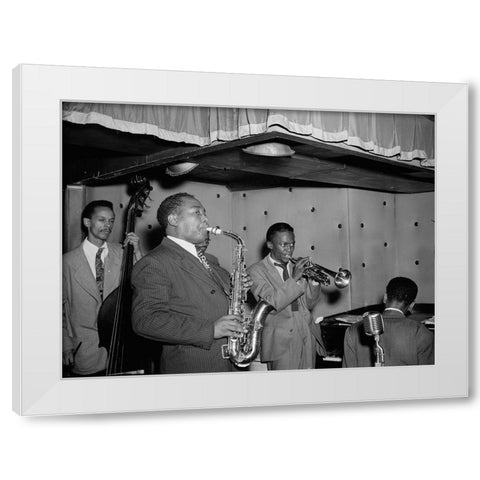 Charlie Parker-Tommy Potter-Miles Davis-Duke Jordan-Max Roach White Modern Wood Framed Art Print by Gottlieb, William