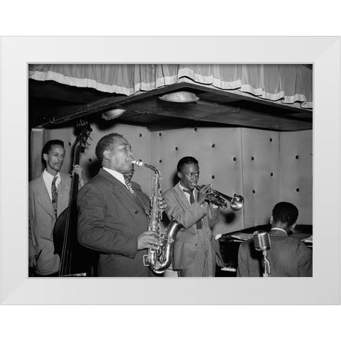 Charlie Parker-Tommy Potter-Miles Davis-Duke Jordan-Max Roach White Modern Wood Framed Art Print by Gottlieb, William