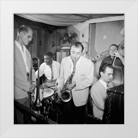 Bill Harris-Denzil Best-Flip Phillips-Billy Bauer-Lennie Tristano-Chubby Jackson-1947. Pied Piper-NY White Modern Wood Framed Art Print by Gottlieb, William