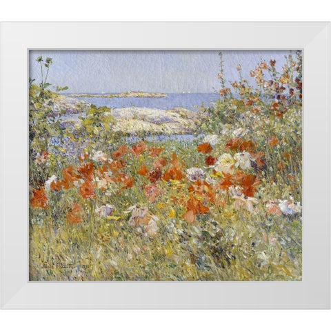 Celia Thaxters Garden White Modern Wood Framed Art Print by Hassam, Childe