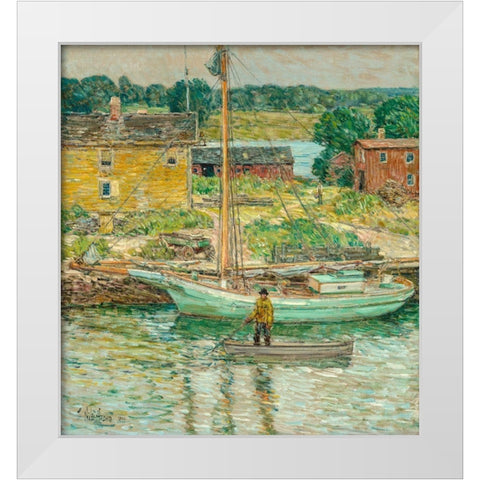 Oyster Sloop-Cos Cob White Modern Wood Framed Art Print by Hassam, Childe