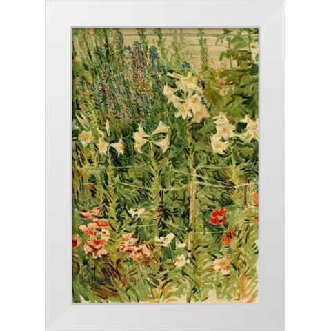 Larkspurs and Lilies White Modern Wood Framed Art Print by Hassam, Childe