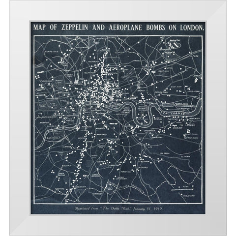 Map of Zeppelin and aeroplane bombs on London White Modern Wood Framed Art Print by World War 1 Photograph