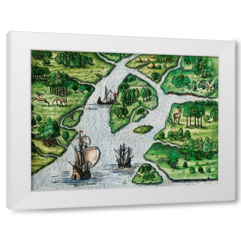 Port Royal-South Carolina illustration from Grand voyages 1596 White Modern Wood Framed Art Print by Bry, Theodor de