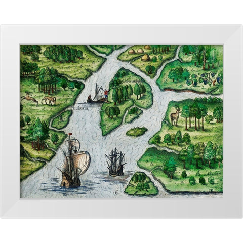 Port Royal-South Carolina illustration from Grand voyages 1596 White Modern Wood Framed Art Print by Bry, Theodor de
