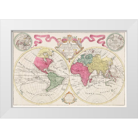 Mappa totius mundi adornata juxta observationes 1682 White Modern Wood Framed Art Print by L isle, Guillaume de