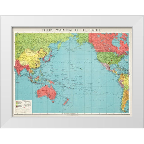 Philips war map of the Pacific 1945 White Modern Wood Framed Art Print by George Philip and Son Limited