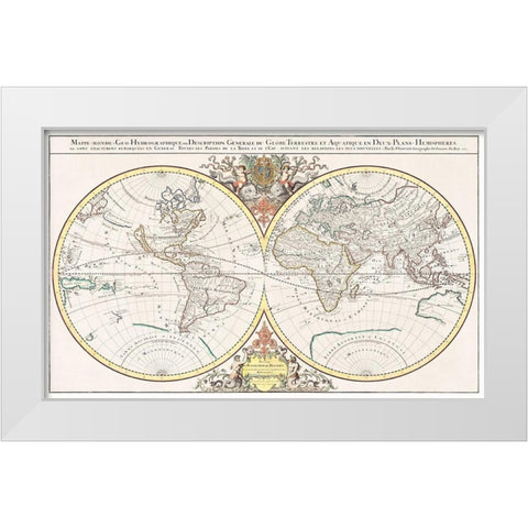 General description of the terrestrial and aquatic globe in two hemispherical planes 1691 White Modern Wood Framed Art Print by Jaillot, Alexis Hubert