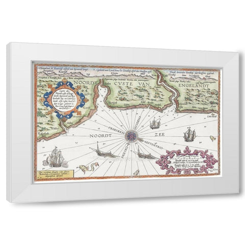 Map of the north coast of England at Newcastle upon Tyne 1583 White Modern Wood Framed Art Print by Doetechum, Joannes van