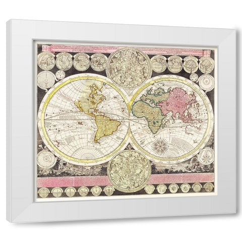 Flat earth globe with the celestial half round 1709 White Modern Wood Framed Art Print by Zuerner, Adam Friedrich