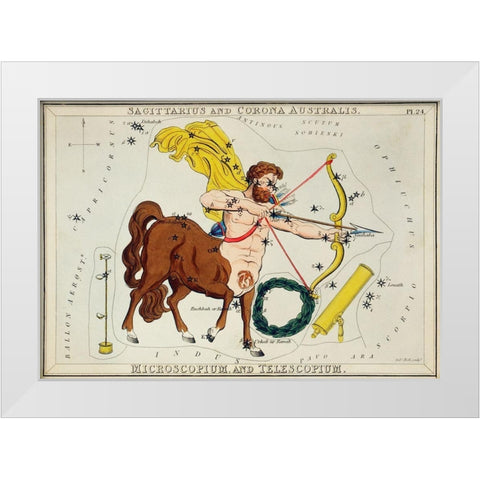 Astronomical chart illustration of Sagittarius and Corona Australis-Microscopium and Telescopium 183 White Modern Wood Framed Art Print by Hall, Sidney