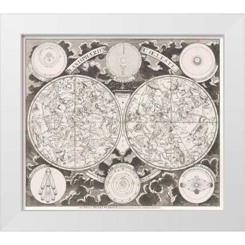 Sky map showing the northern and southern constellations 1705 White Modern Wood Framed Art Print by Schenk, Pieter