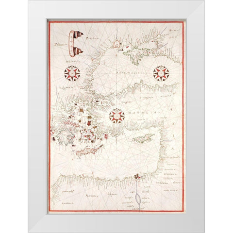 Portolan atlas of the Mediterranean Sea-Eastern Mediterranean 1590 White Modern Wood Framed Art Print by Oliva, Joan
