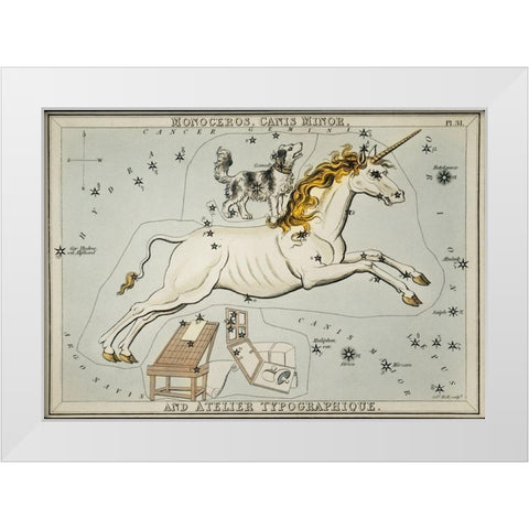 Astronomical chart illustration of the Monoceros-Canis Minor and the Atelier Typographique White Modern Wood Framed Art Print by Hall, Sidney