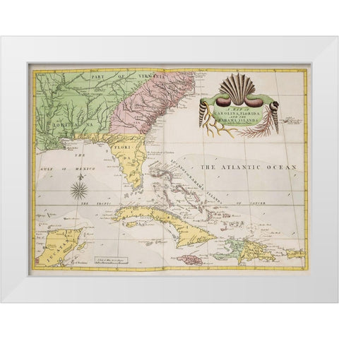 A map of Carolina-Florida and the Bahama Islands 1754 White Modern Wood Framed Art Print by Catesby, Mark