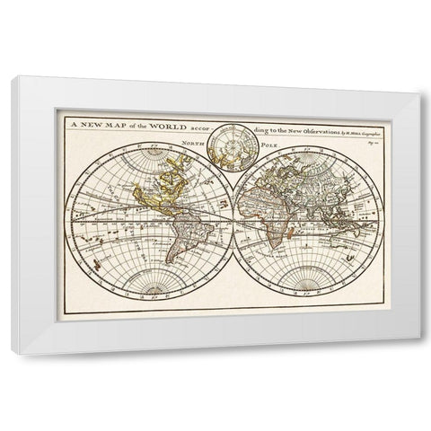 A new map of the world according to the new observations 1732 White Modern Wood Framed Art Print by Moll, Herman