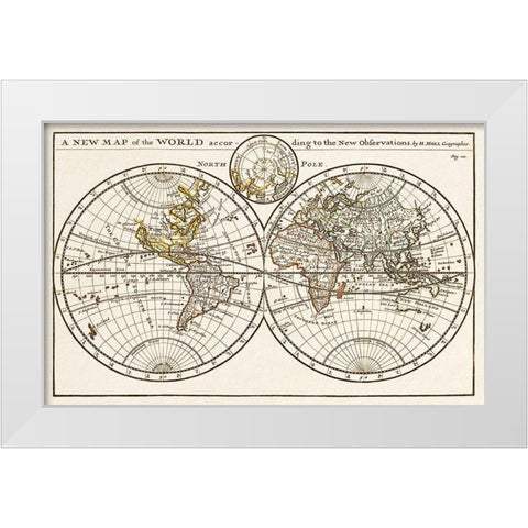 A new map of the world according to the new observations 1732 White Modern Wood Framed Art Print by Moll, Herman