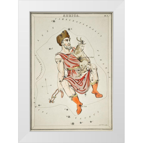 Astronomical chart illustration of the Auriga White Modern Wood Framed Art Print by Hall, Sidney