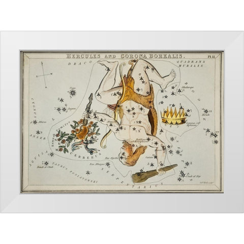 Astronomical chart illustration of the Hercules and the Corona Borealis White Modern Wood Framed Art Print by Hall, Sidney