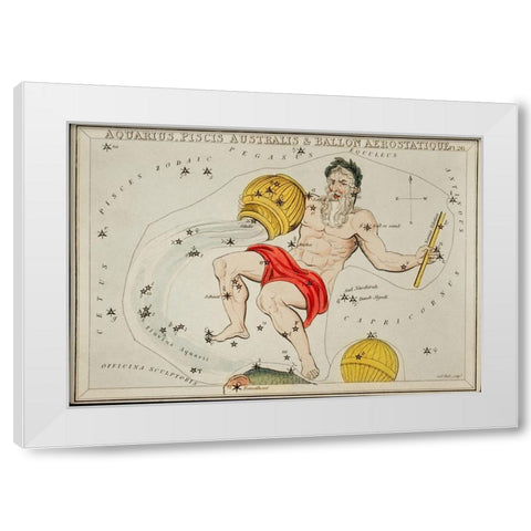 Astronomical chart illustration of the Zodiacs Aquaris-Piscis Australis and Ballon Aerostatique White Modern Wood Framed Art Print by Hall, Sidney